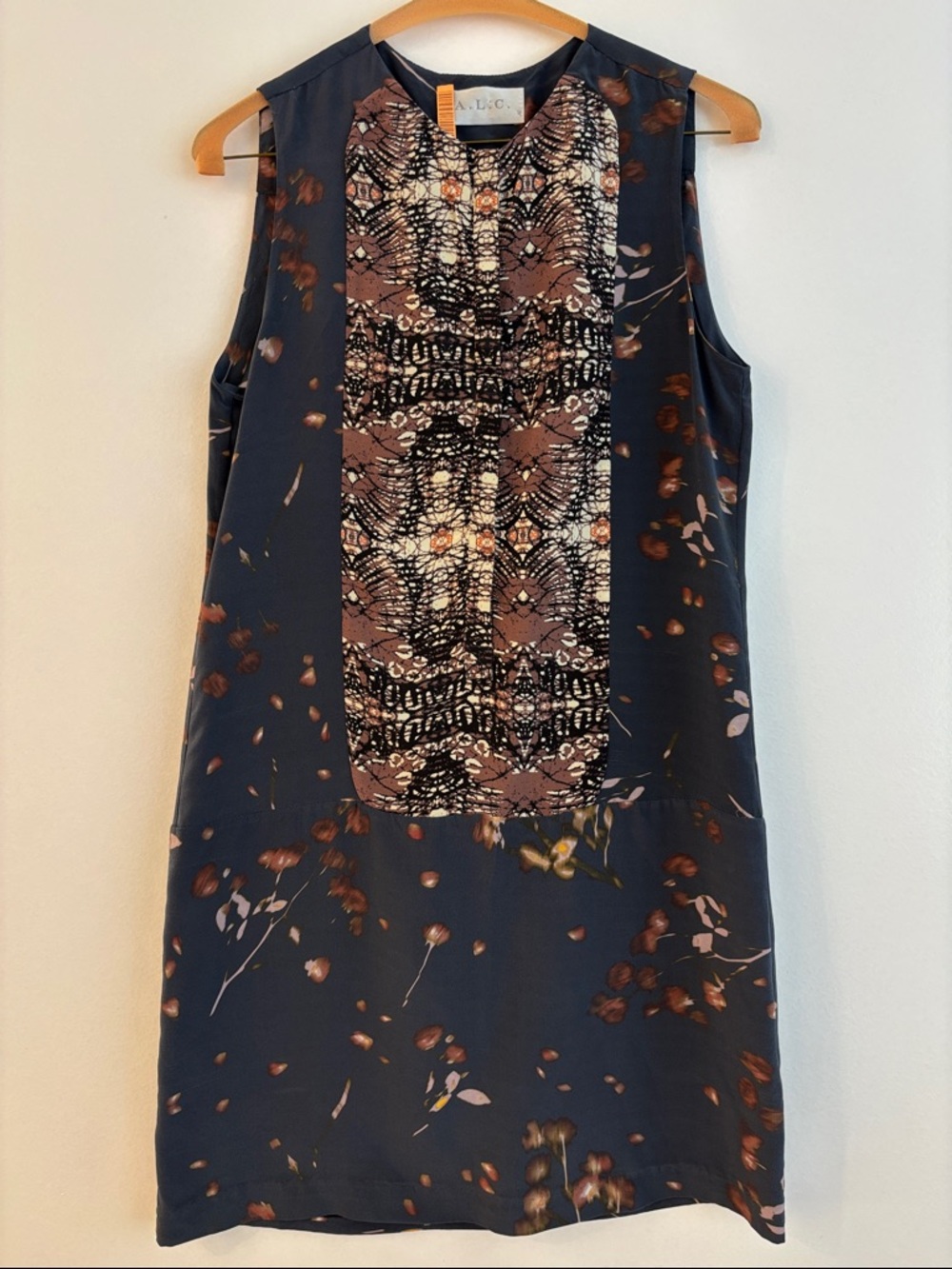 A.L.C. Grey Sleeveless Mini Dress with Brown Floral Panel